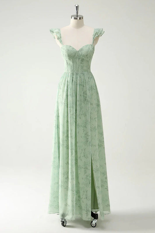 Dress A Line Green Flower Ruffles Straps Prom Dress With Split Front