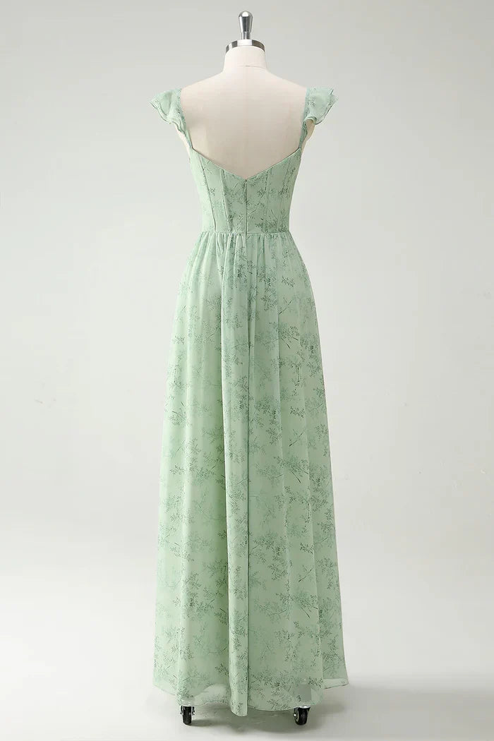 Dress A Line Green Flower Ruffles Straps Prom Dress With Split Front