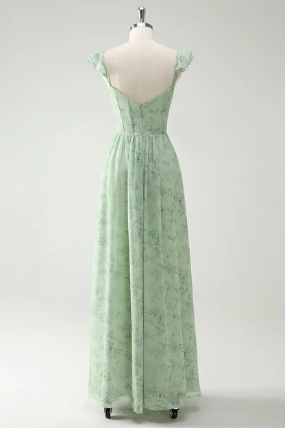Dress A Line Green Flower Ruffles Straps Prom Dress With Split Front