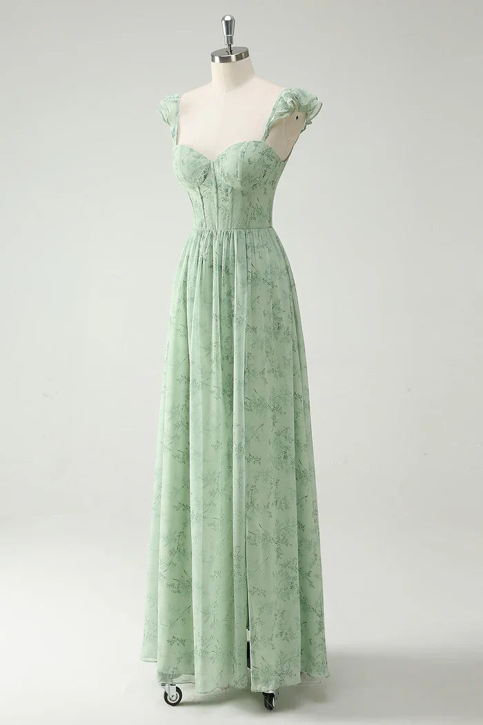 Dress A Line Green Flower Ruffles Straps Prom Dress With Split Front