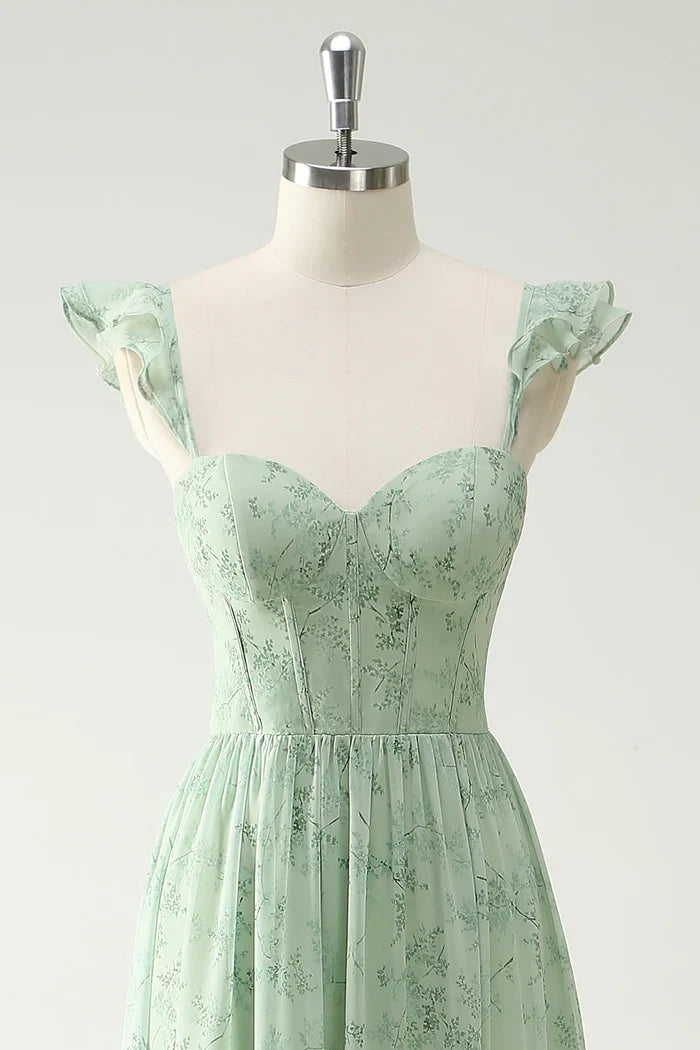 Dress A Line Green Flower Ruffles Straps Prom Dress With Split Front