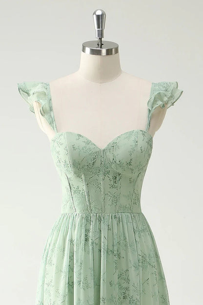 Dress A Line Green Flower Ruffles Straps Prom Dress With Split Front