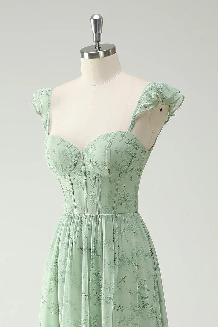 Dress A Line Green Flower Ruffles Straps Prom Dress With Split Front