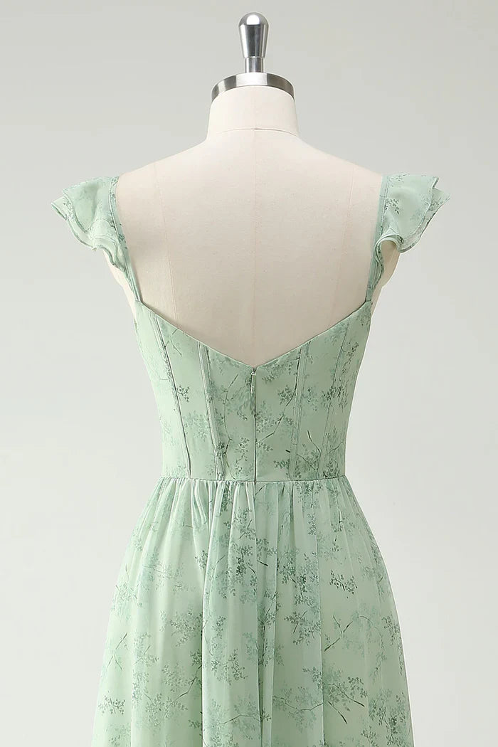 Dress A Line Green Flower Ruffles Straps Prom Dress With Split Front