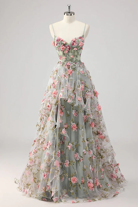 Romantic-3D‑Flower-Tulle-A‑Line-Sweetheart-Spaghetti‑Strap-Beaded‑Corset-Lace‑Up‑Back-Floral‑Print-Sweep‑Train-Evening-Dresses