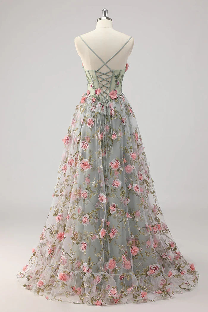 Romantic-3D‑Flower-Tulle-A‑Line-Sweetheart-Spaghetti‑Strap-Beaded‑Corset-Lace‑Up‑Back-Floral‑Print-Sweep‑Train-Evening-Dresses