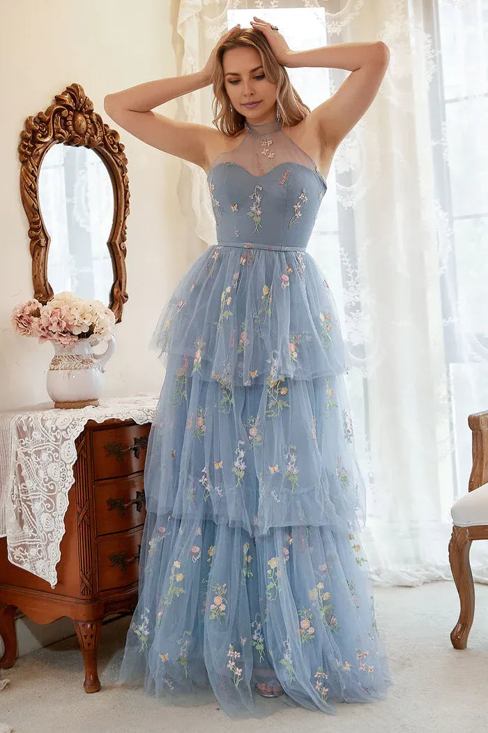 Dress A Line Halter Grey Blue Party Dress With Embroidery Prom Dress