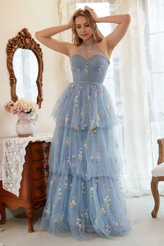 Dress A Line Halter Grey Blue Party Dress With Embroidery Prom Dress