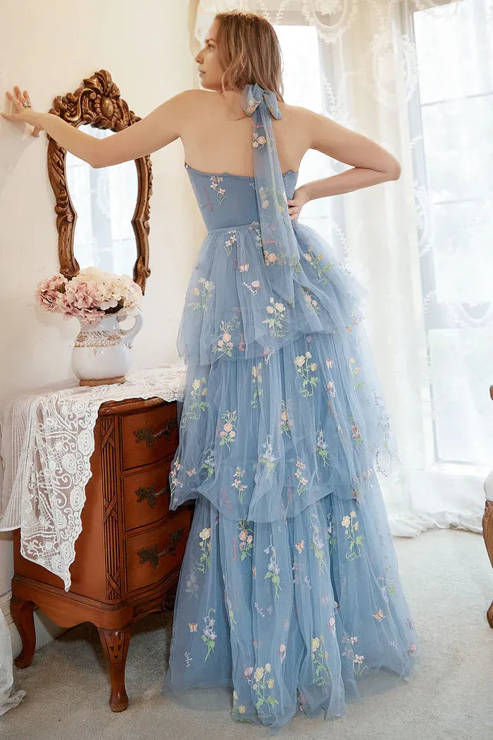 Dress A Line Halter Grey Blue Party Dress With Embroidery Prom Dress