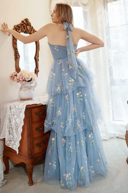 Dress A Line Halter Grey Blue Party Dress With Embroidery Prom Dress