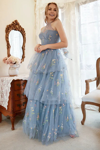 Dress A Line Halter Grey Blue Party Dress With Embroidery Prom Dress