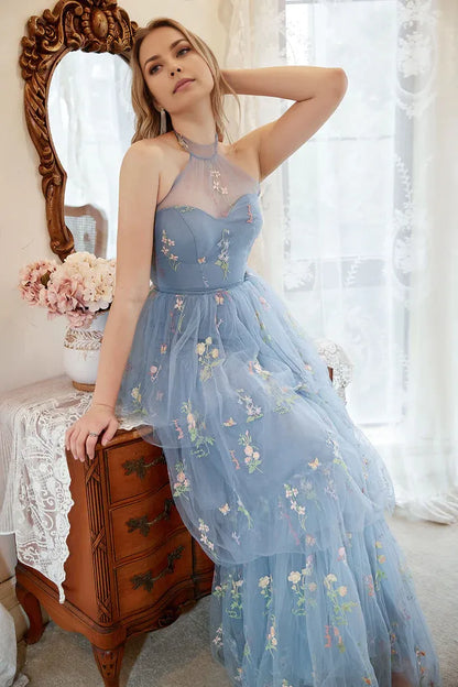 Dress A Line Halter Grey Blue Party Dress With Embroidery Prom Dress