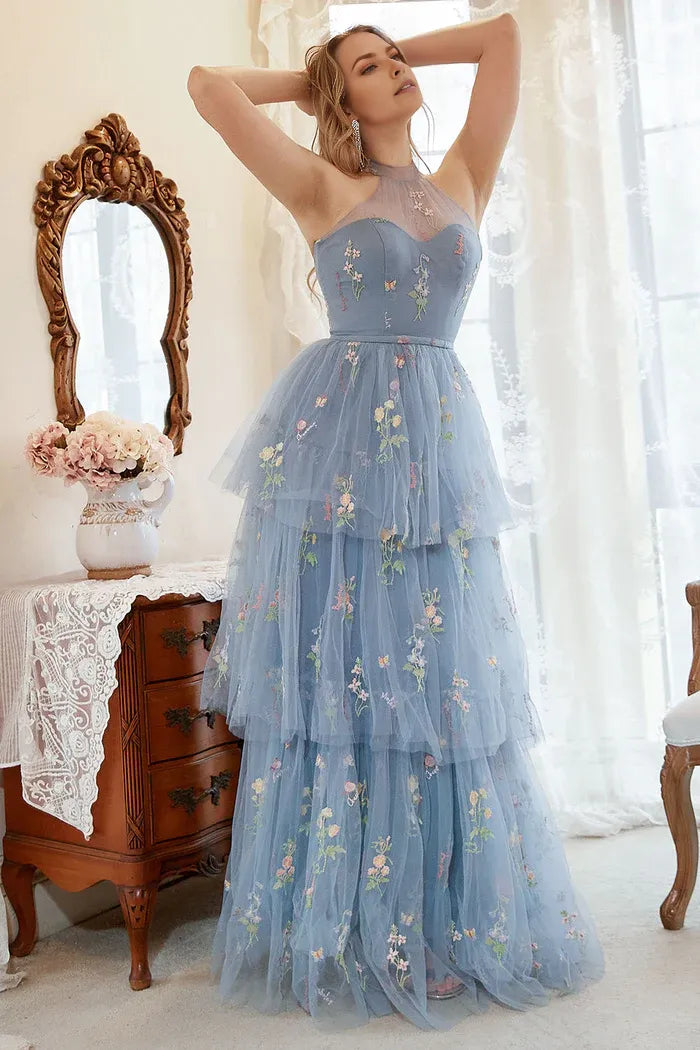 Dress A Line Halter Grey Blue Party Dress With Embroidery Prom Dress
