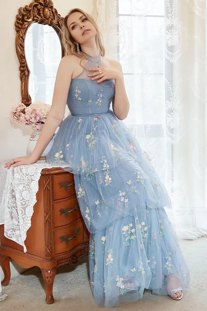 Dress A Line Halter Grey Blue Party Dress With Embroidery Prom Dress