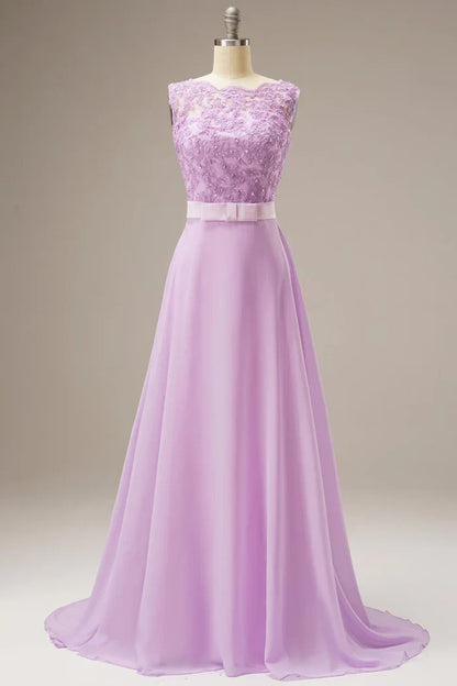Dress A Line Lace Top Sweep-Brush Train Sleeveless Maxi Dress Prom Dress With Belt