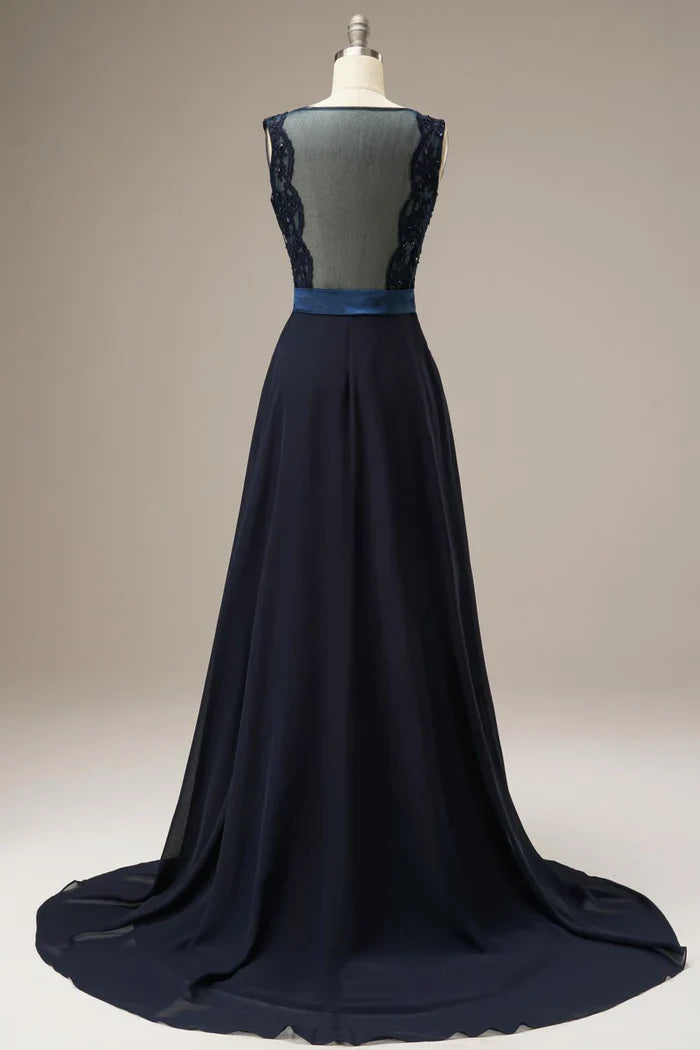 Dress A Line Lace Top Sweep-Brush Train Sleeveless Maxi Dress Prom Dress With Belt