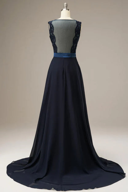 Dress A Line Lace Top Sweep-Brush Train Sleeveless Maxi Dress Prom Dress With Belt
