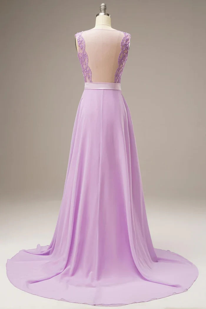 Dress A Line Lace Top Sweep-Brush Train Sleeveless Maxi Dress Prom Dress With Belt