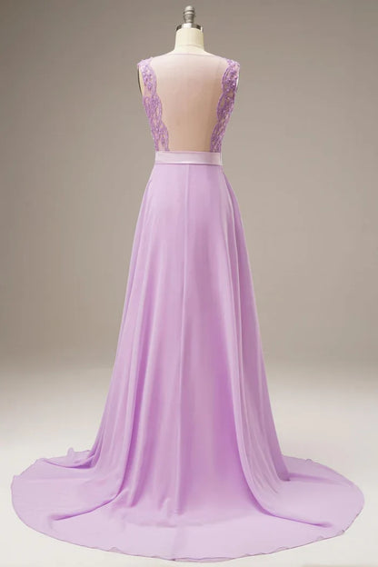 Dress A Line Lace Top Sweep-Brush Train Sleeveless Maxi Dress Prom Dress With Belt