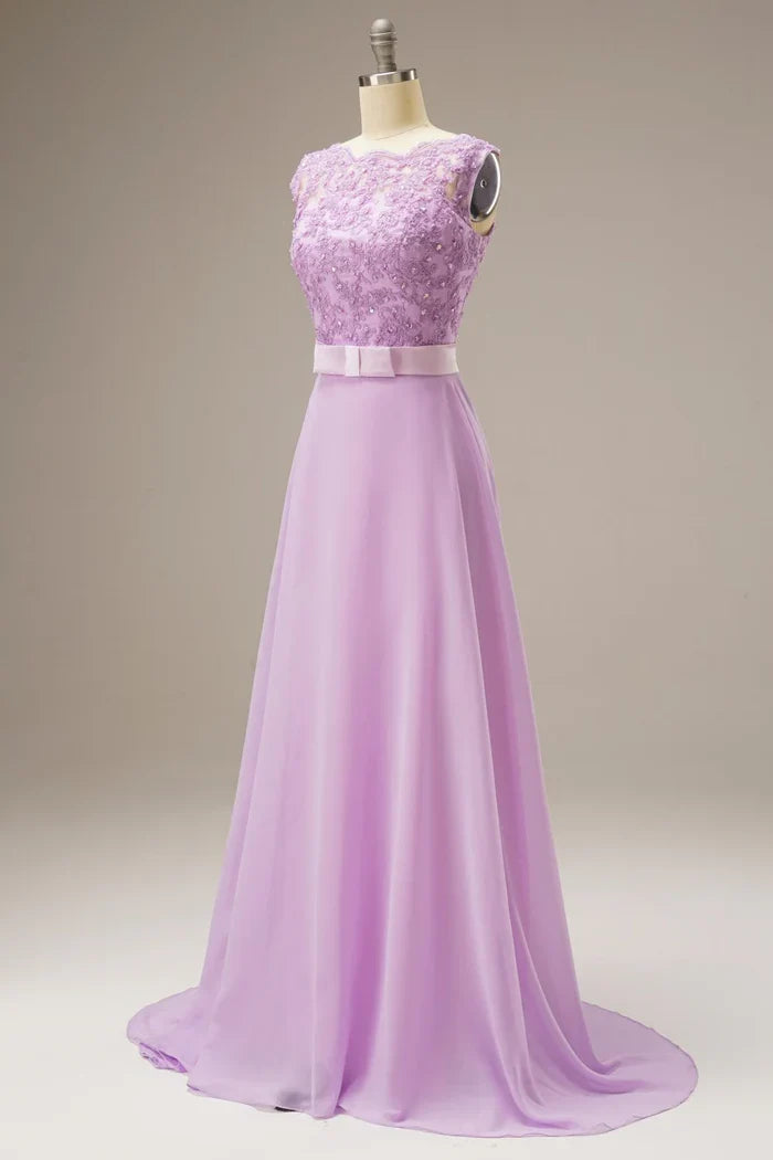 Dress A Line Lace Top Sweep-Brush Train Sleeveless Maxi Dress Prom Dress With Belt