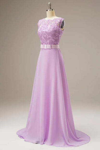Dress A Line Lace Top Sweep-Brush Train Sleeveless Maxi Dress Prom Dress With Belt