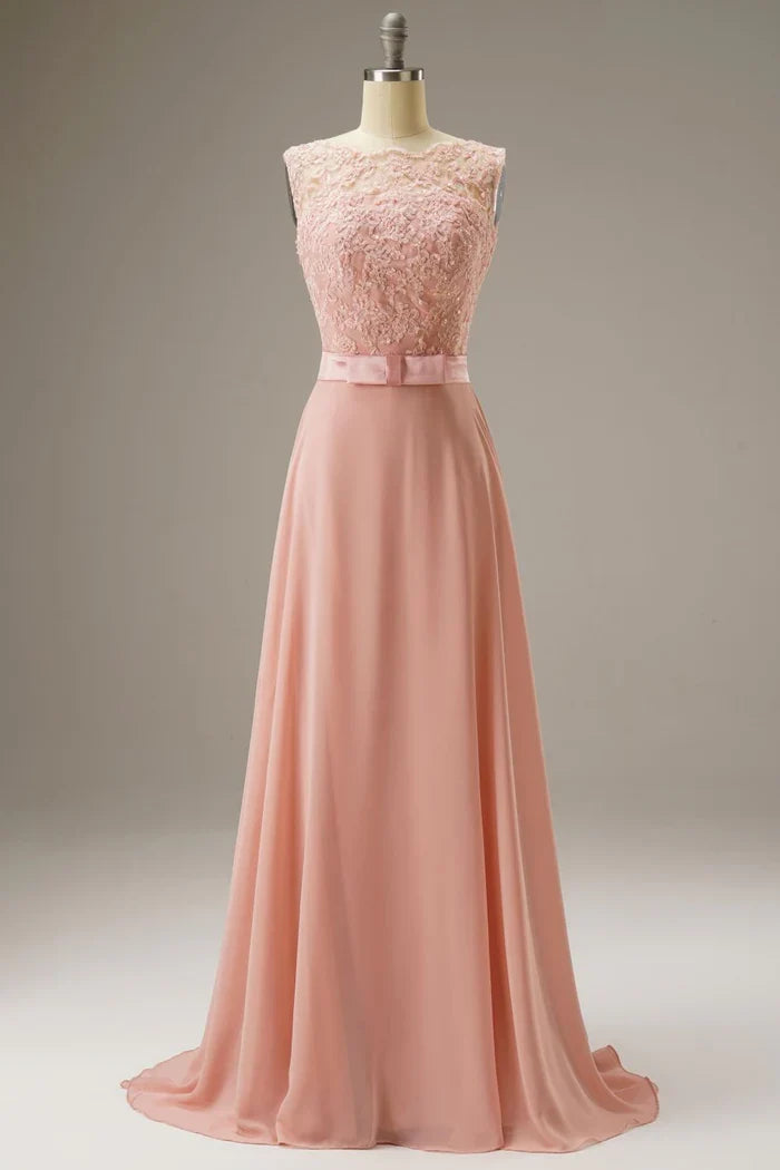 Dress A Line Lace Top Sweep-Brush Train Sleeveless Maxi Dress Prom Dress With Belt