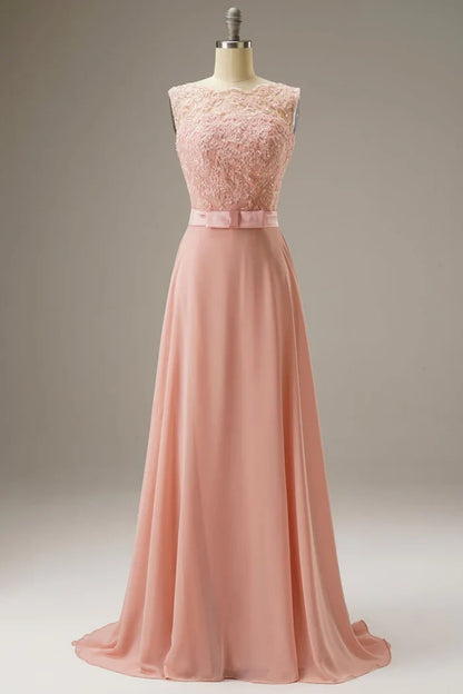 Dress A Line Lace Top Sweep-Brush Train Sleeveless Maxi Dress Prom Dress With Belt