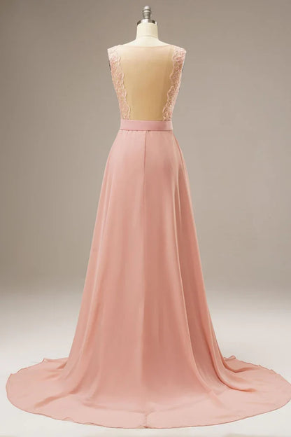 Dress A Line Lace Top Sweep-Brush Train Sleeveless Maxi Dress Prom Dress With Belt