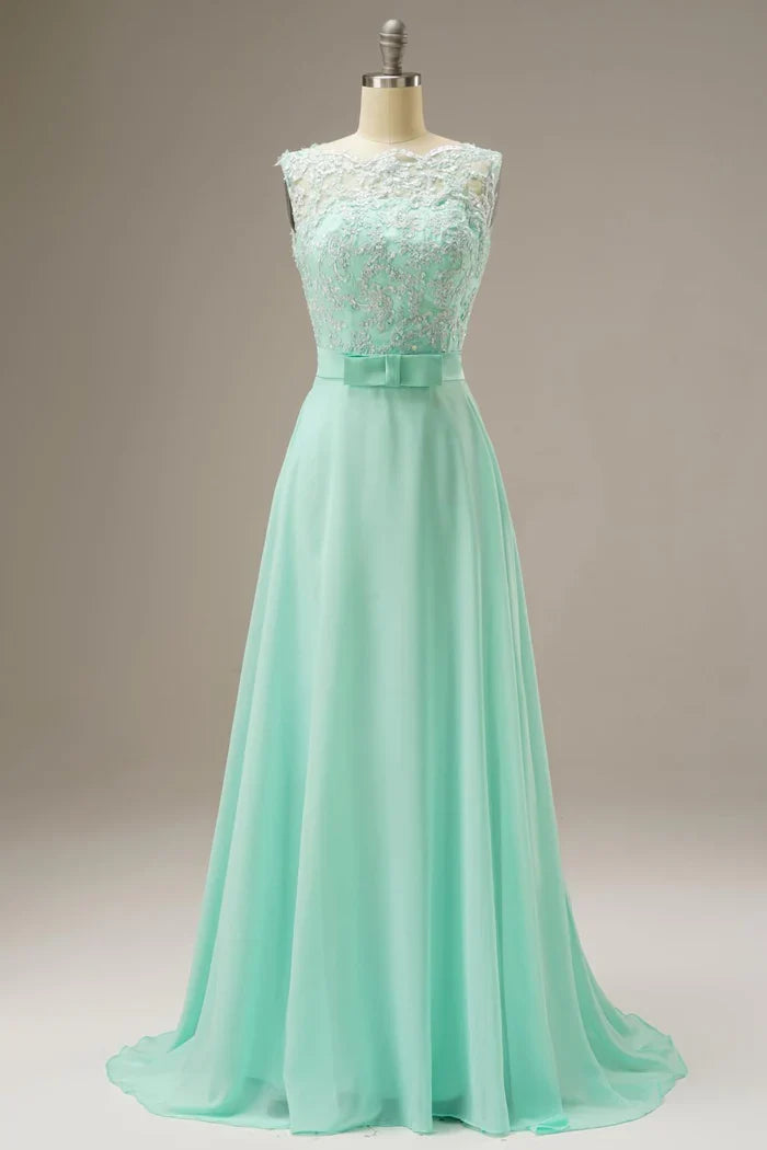 Dress A Line Lace Top Sweep-Brush Train Sleeveless Maxi Dress Prom Dress With Belt