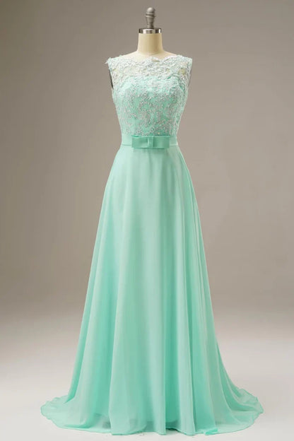 Dress A Line Lace Top Sweep-Brush Train Sleeveless Maxi Dress Prom Dress With Belt