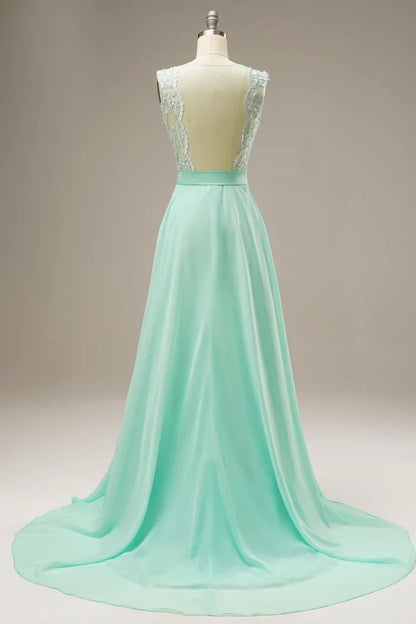 Dress A Line Lace Top Sweep-Brush Train Sleeveless Maxi Dress Prom Dress With Belt