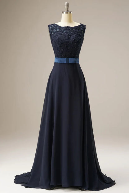 Dress A Line Lace Top Sweep-Brush Train Sleeveless Maxi Dress Prom Dress With Belt