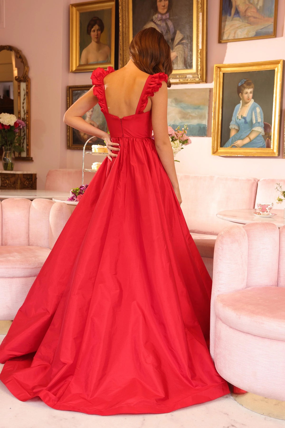 Dress A Line Long Slit Ruffle Formal Dress Sweetheart Neck Flutter Sleeve Prom Dress