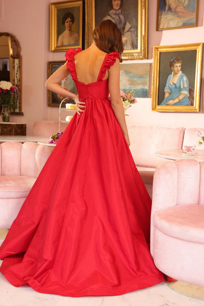 Dress A Line Long Slit Ruffle Formal Dress Sweetheart Neck Flutter Sleeve Prom Dress