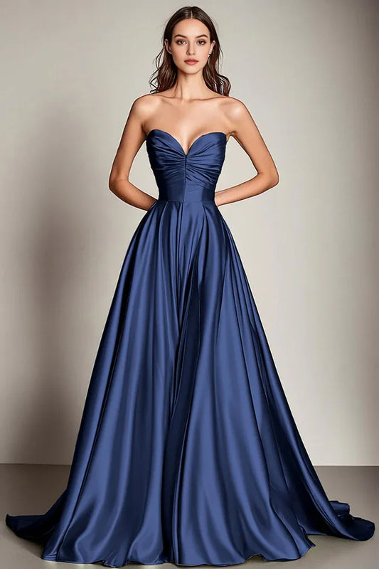 Dress A Line Navy Strapless Satin Pleated Maxi Dress Prom Dress Sleeveless Lace Up Evening Dress