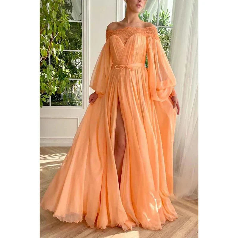Dress A Line Off Shoulder Long Sleeves Elegant Floor Length Prom Party Dress With Slit