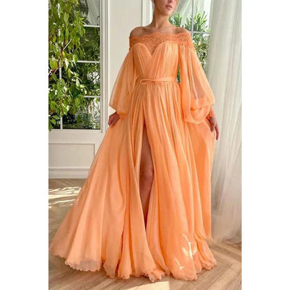 Dress A Line Off Shoulder Long Sleeves Elegant Floor Length Prom Party Dress With Slit