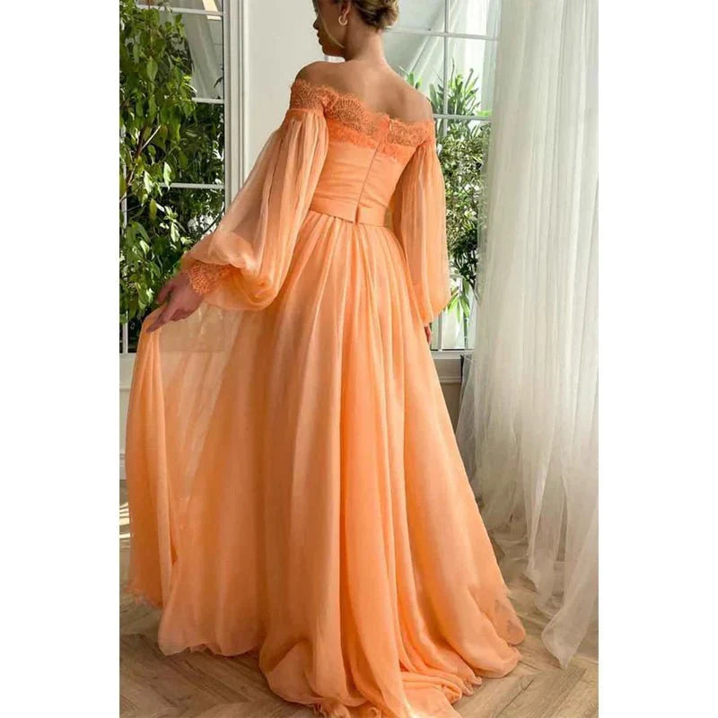 Dress A Line Off Shoulder Long Sleeves Elegant Floor Length Prom Party Dress With Slit