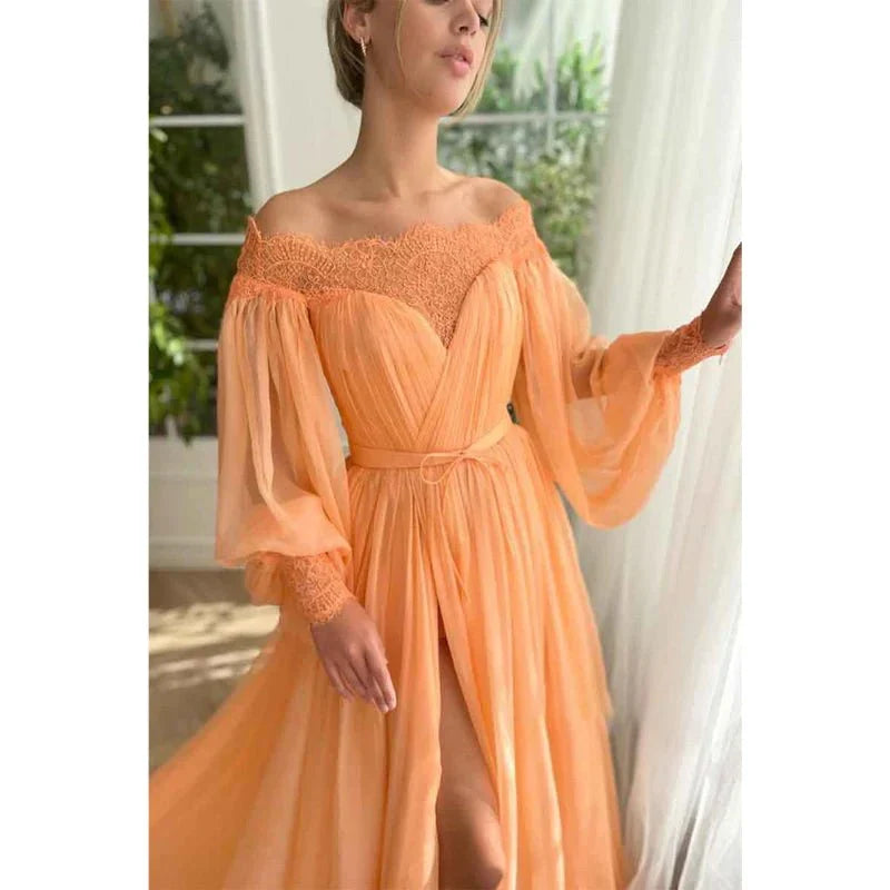 Dress A Line Off Shoulder Long Sleeves Elegant Floor Length Prom Party Dress With Slit