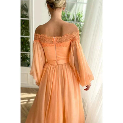 Dress A Line Off Shoulder Long Sleeves Elegant Floor Length Prom Party Dress With Slit