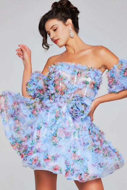 Dress A Line Short Homecoming Printed Off the Shoulder Cocktail Dress Flower