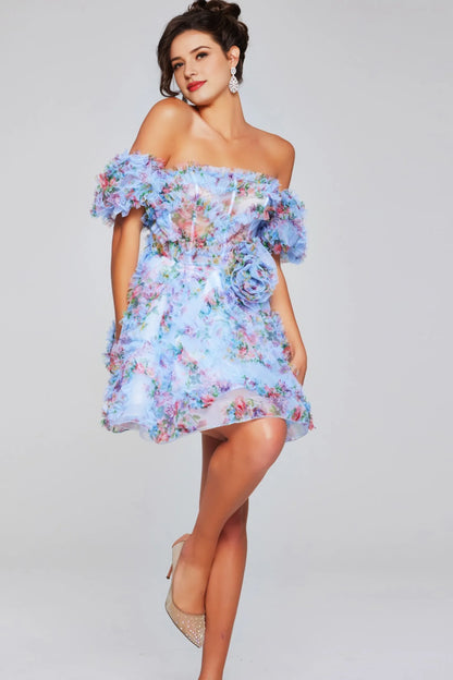 Dress A Line Short Homecoming Printed Off the Shoulder Cocktail Dress Flower