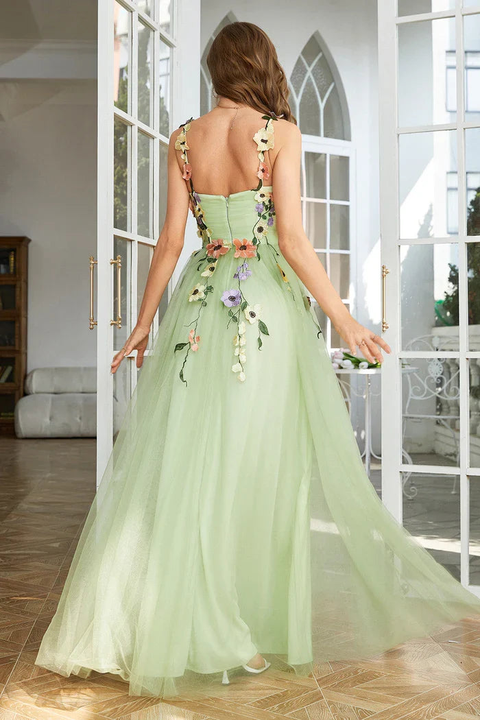 Dress A Line Spaghetti Straps Green Party Dress With 3D Flowers Prom Dress