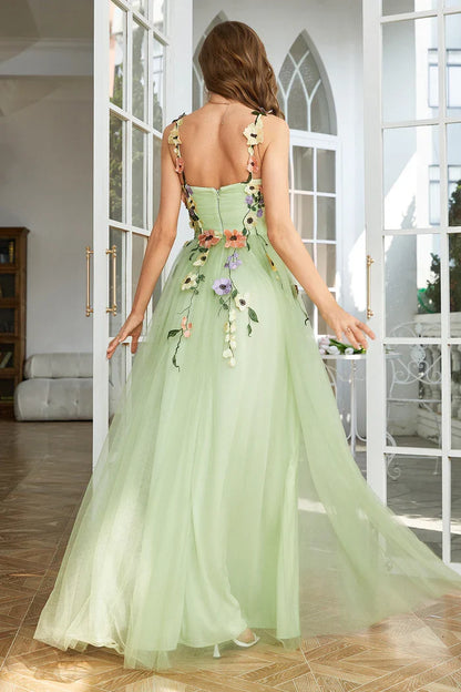 Dress A Line Spaghetti Straps Green Party Dress With 3D Flowers Prom Dress