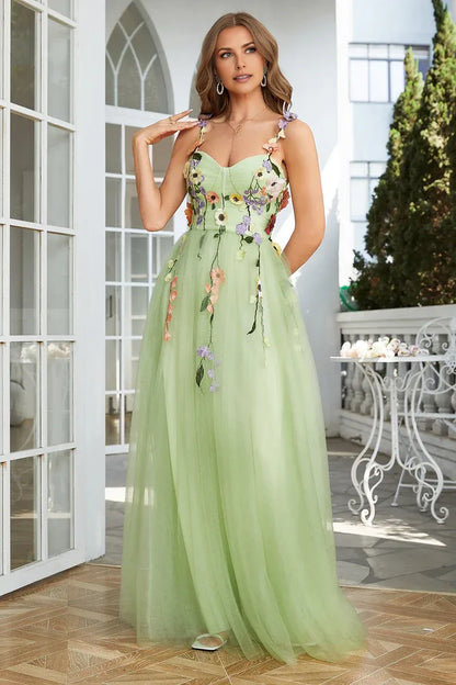 Dress A Line Spaghetti Straps Green Party Dress With 3D Flowers Prom Dress