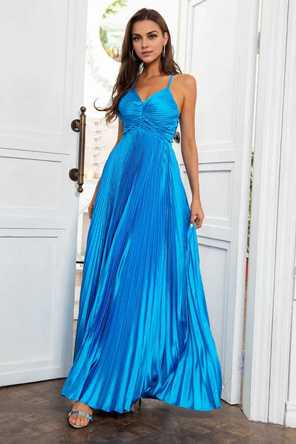 Dress A Line Spaghetti Straps Pleated Lake Blue Long Party Dress Open Back Prom Dress