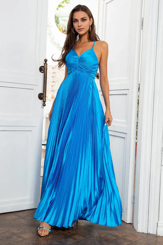 Dress A Line Spaghetti Straps Pleated Lake Blue Long Party Dress Open Back Prom Dress
