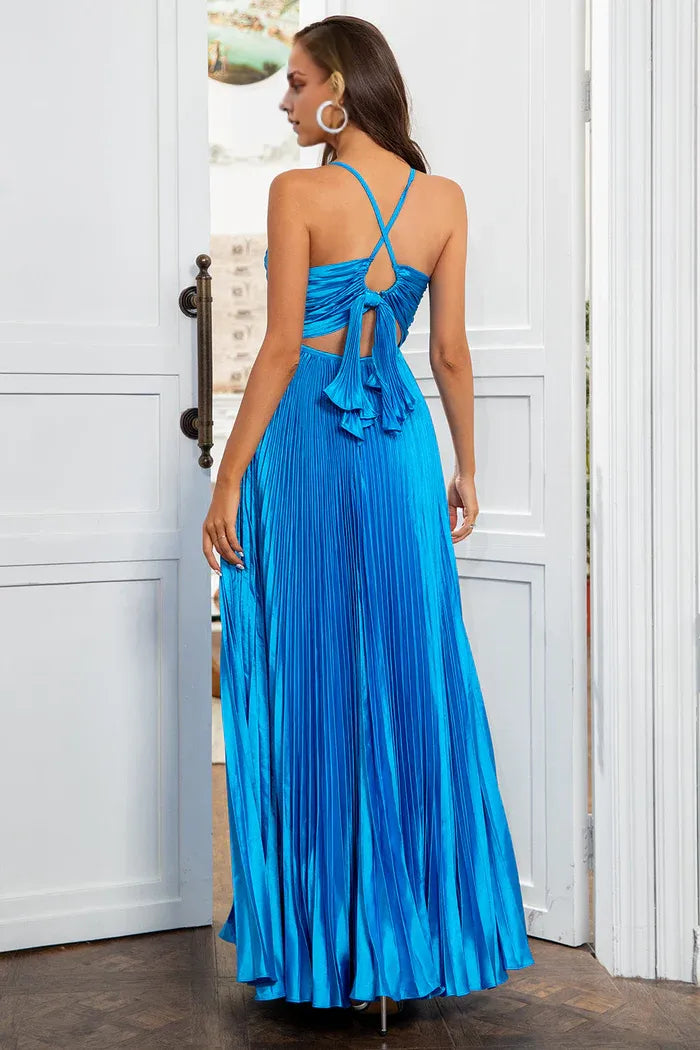 Dress A Line Spaghetti Straps Pleated Lake Blue Long Party Dress Open Back Prom Dress