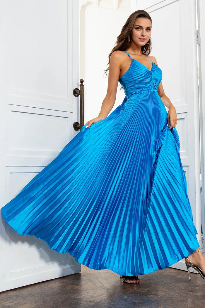 Dress A Line Spaghetti Straps Pleated Lake Blue Long Party Dress Open Back Prom Dress