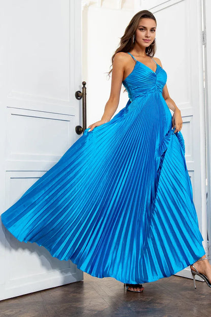 Dress A Line Spaghetti Straps Pleated Lake Blue Long Party Dress Open Back Prom Dress